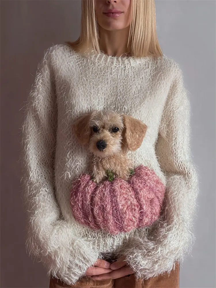 Lovely Fuzzy Dog & Pink Pumpkin Cozy Knit Sweater