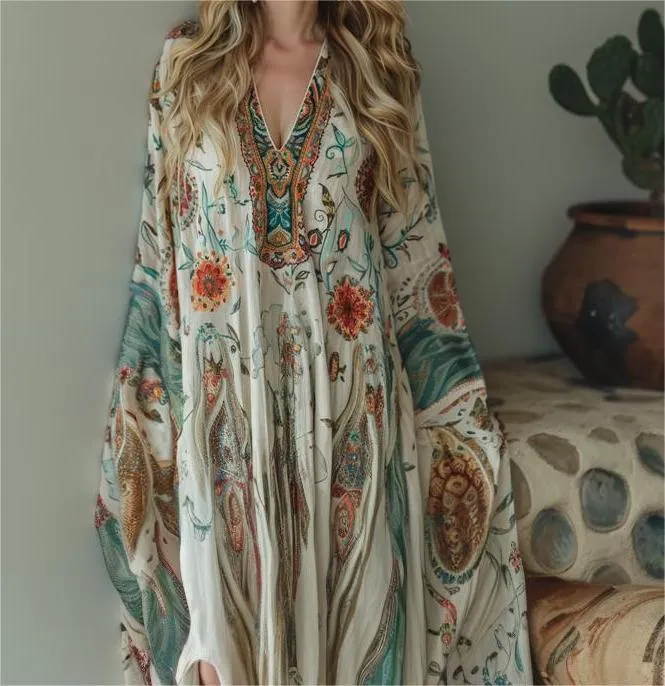 Contton & Linen Long-Sleeve Kaftan Maxi Dress