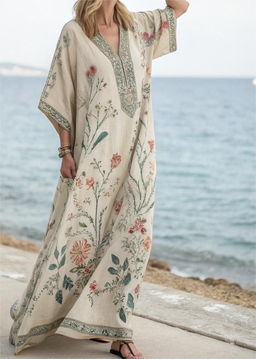 Contton & Linen Long-Sleeve Kaftan Maxi Dress