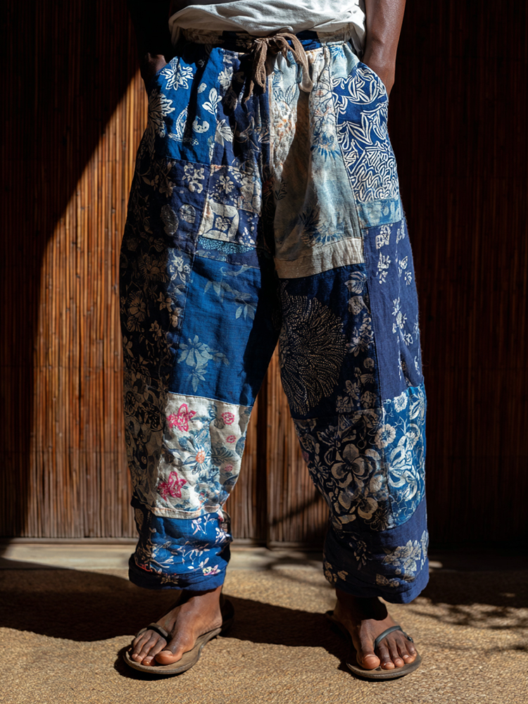 Vintage Japanese Traditional Sashiko Patchwork Art Pattern Linen Blend Casual Pants