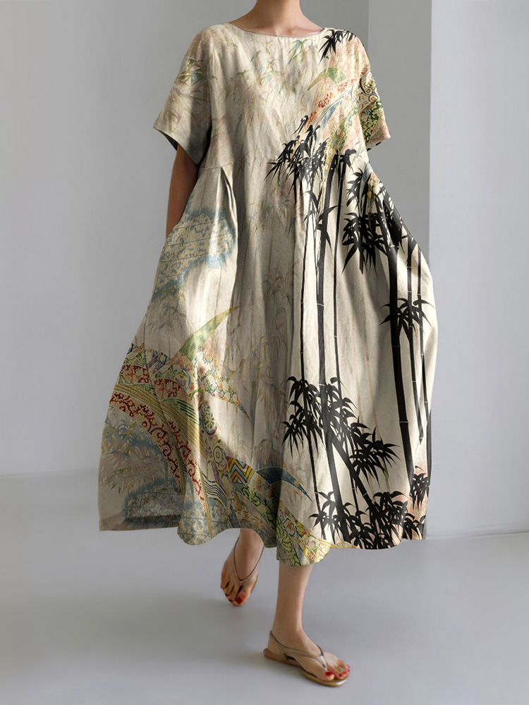 Vintage Japanese Art Print Short Sleeve Midi Dress