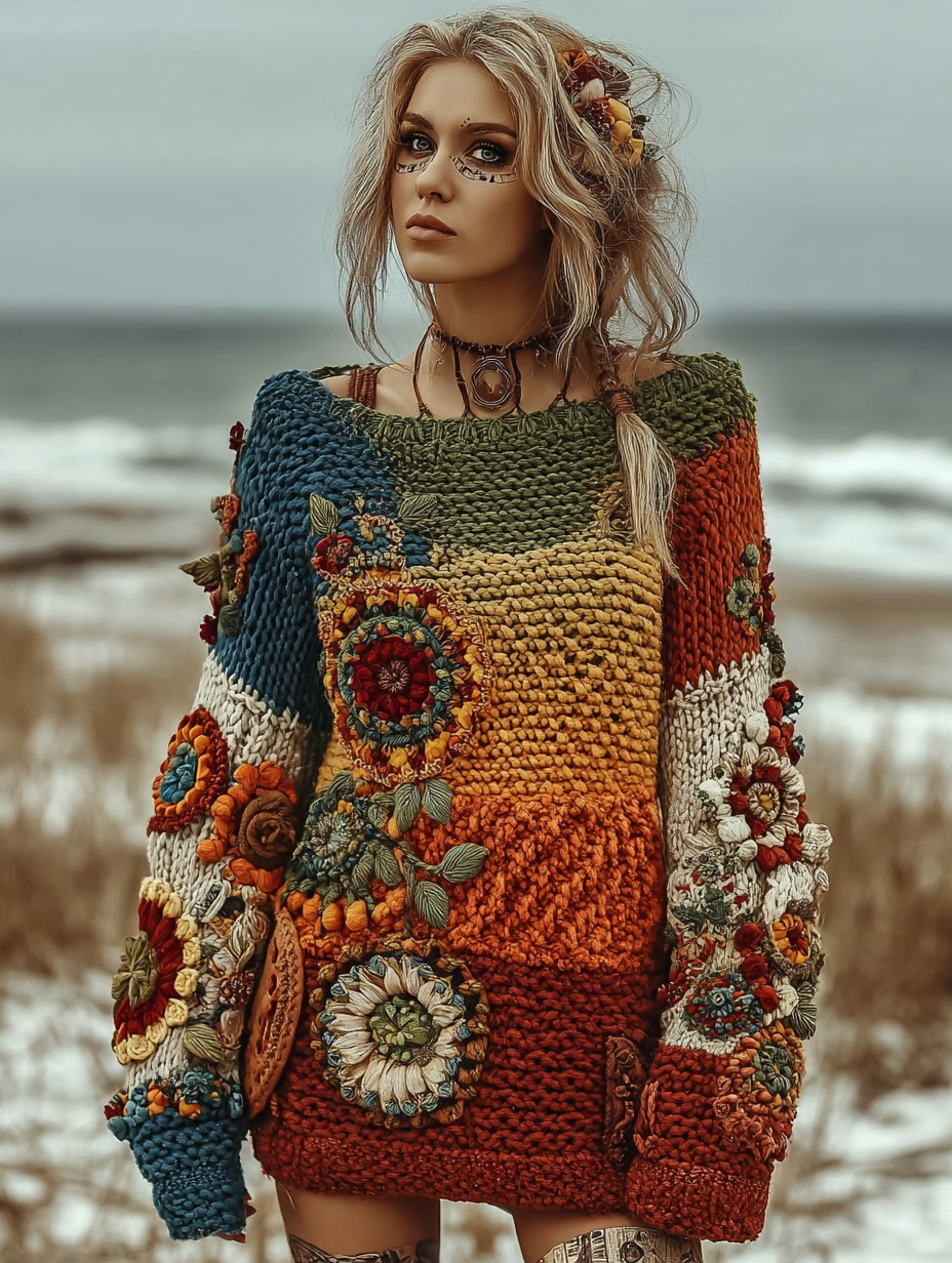 Vintage floral crochet multi-color patchwork comfortable knitted pullover sweater