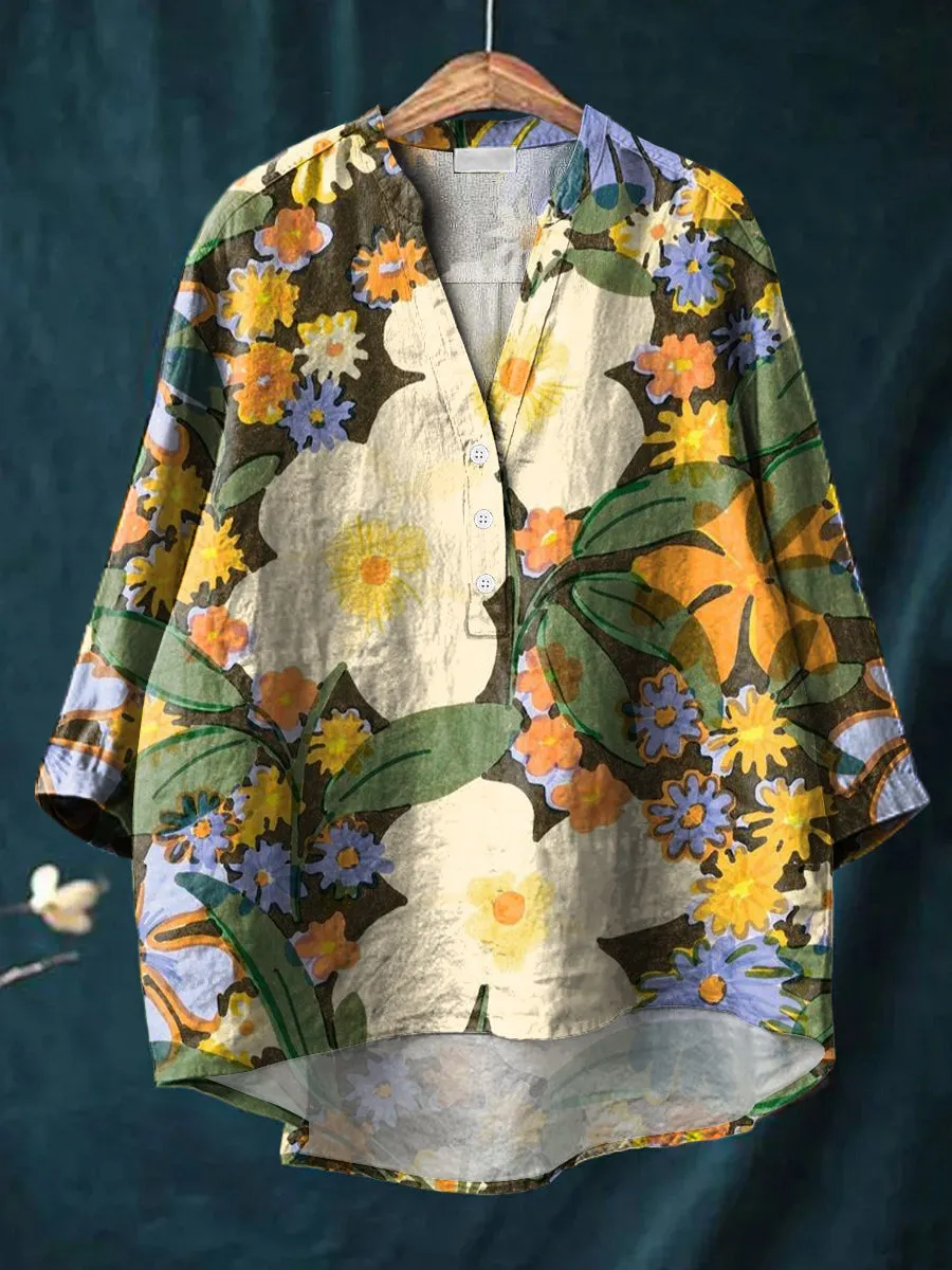 Beautiful Colorful Large Flower Painting Art Print Casual Cotton & Linen Ruffle Shirt