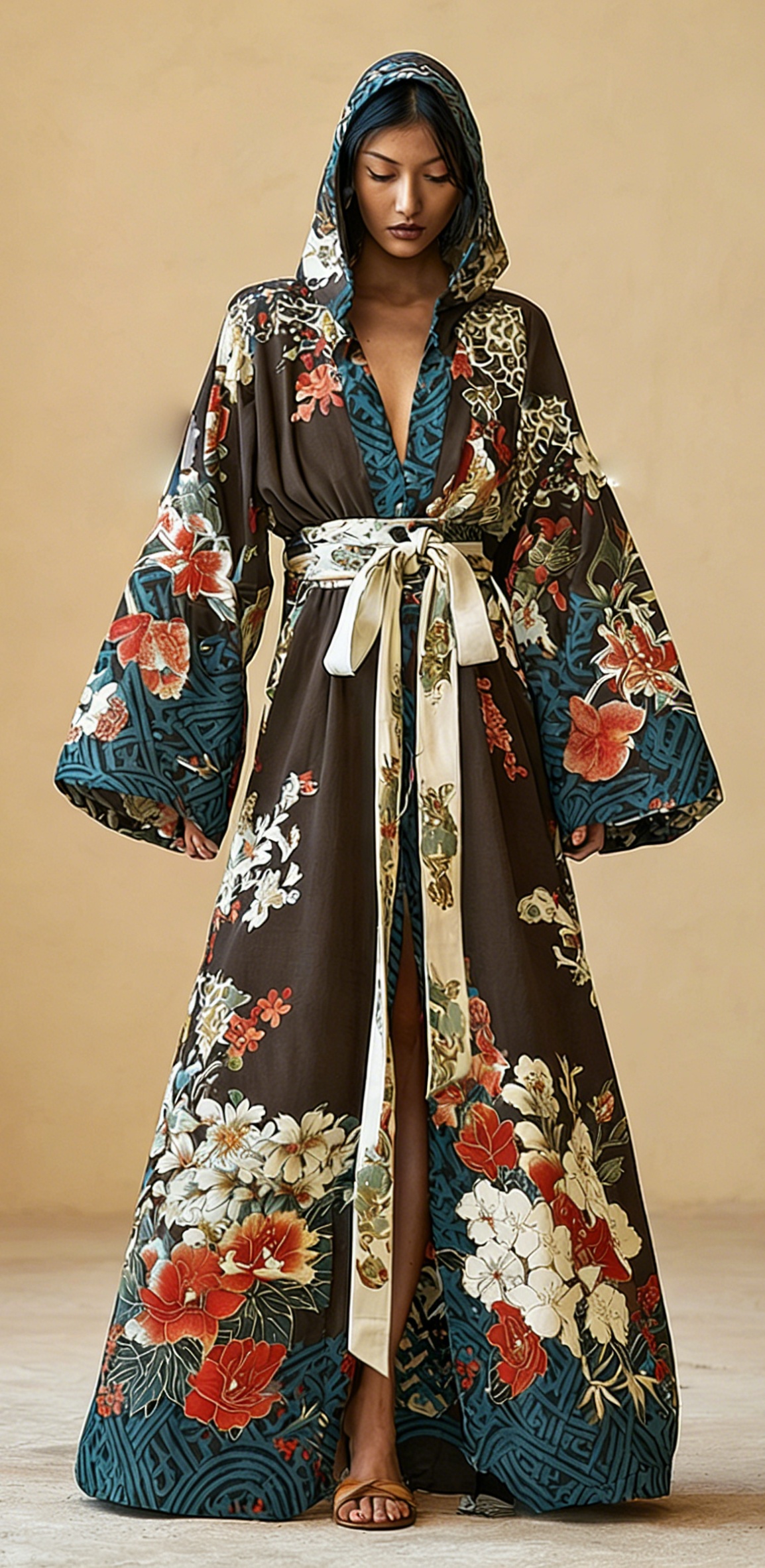 Women's Vintage Gorgeous Slim Floral Print Hooded Robe (belt Included)
