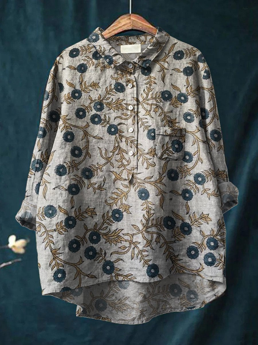 Floral Art Print Casual Cotton & Linen Shirt