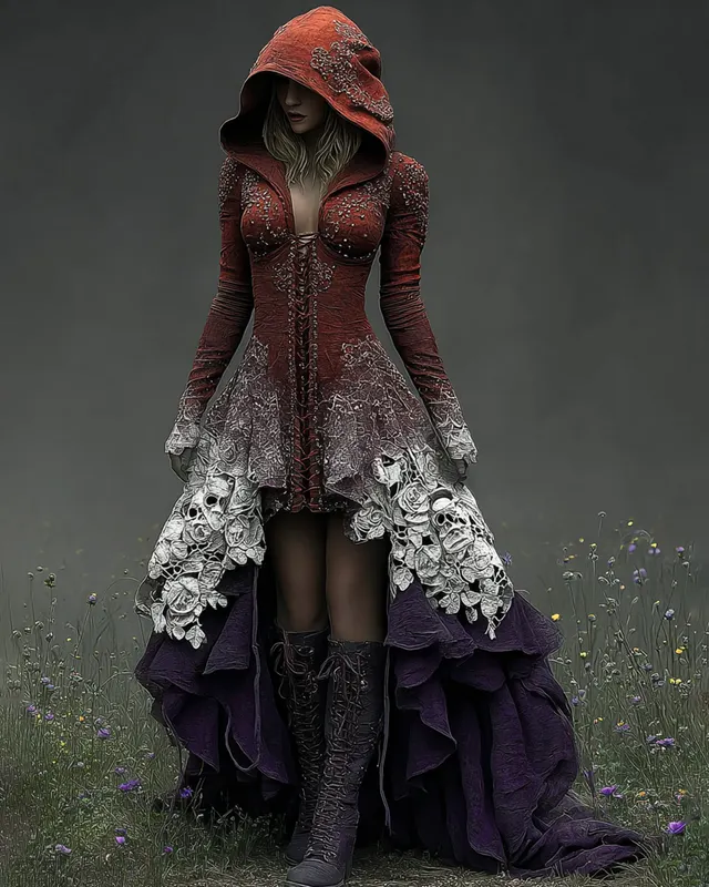 Bohemian style Irregular Contrast Color Lace Hooded Evening Dress 9045