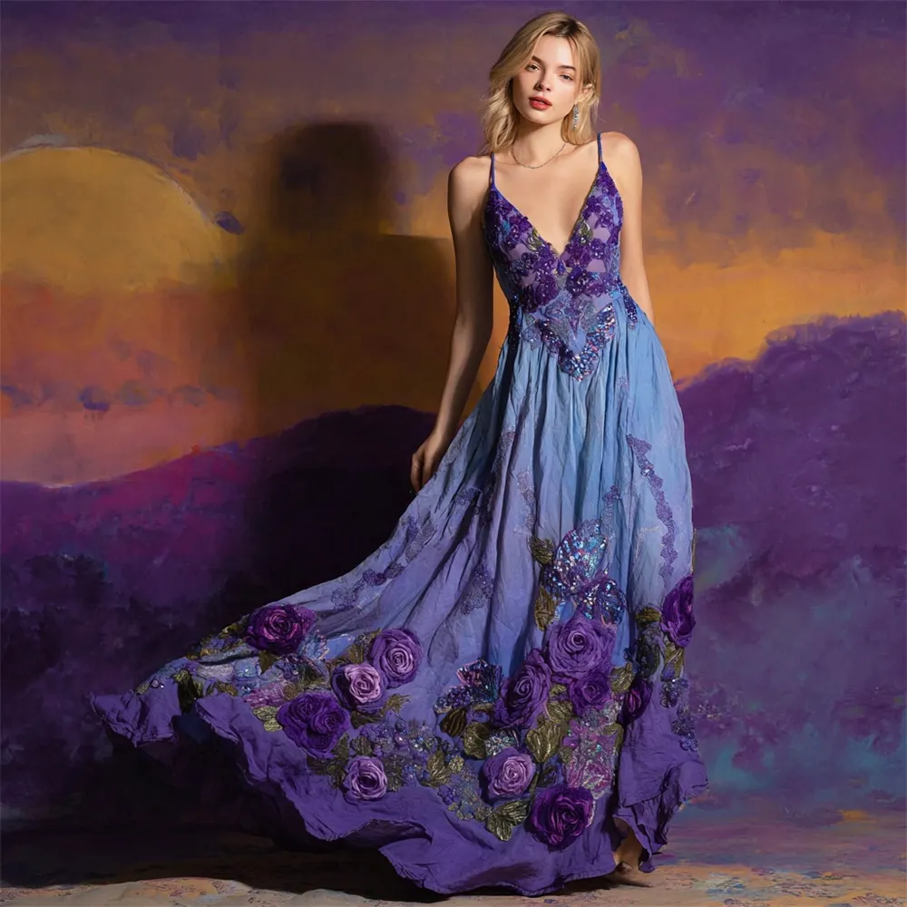 Boho Floral Embroidery Gradient Women's V-neck Spaghetti Straps Flowy Maxi Dress