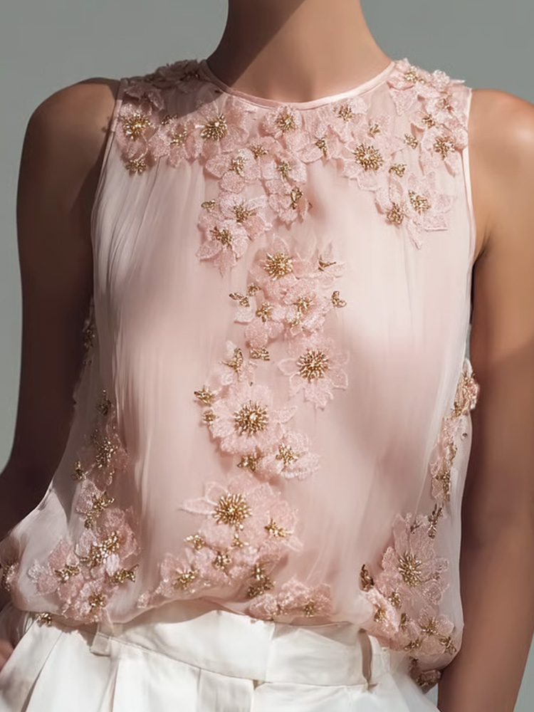 Women's Vintage Pink Floral Embroidery Art Print Crew Neck Tank Top