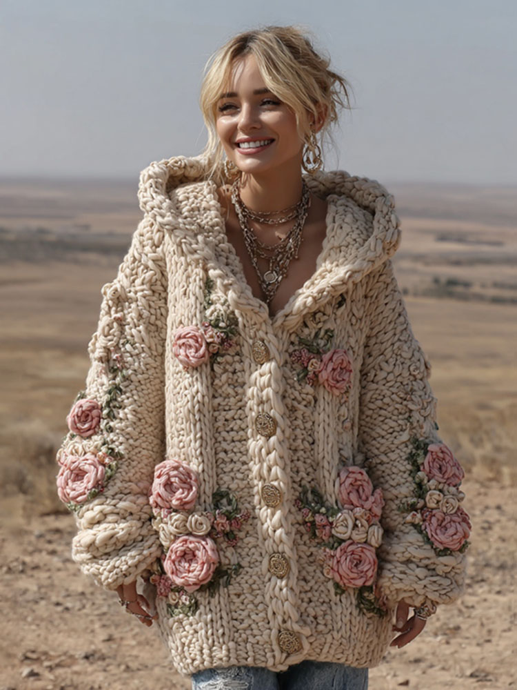 Women's Vintage Pink Floral Art Cozy Knit Hooded Cardigan