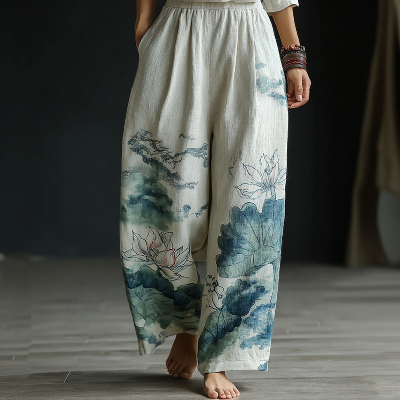 Japanese-style Lotus Pattern Linen Trousers