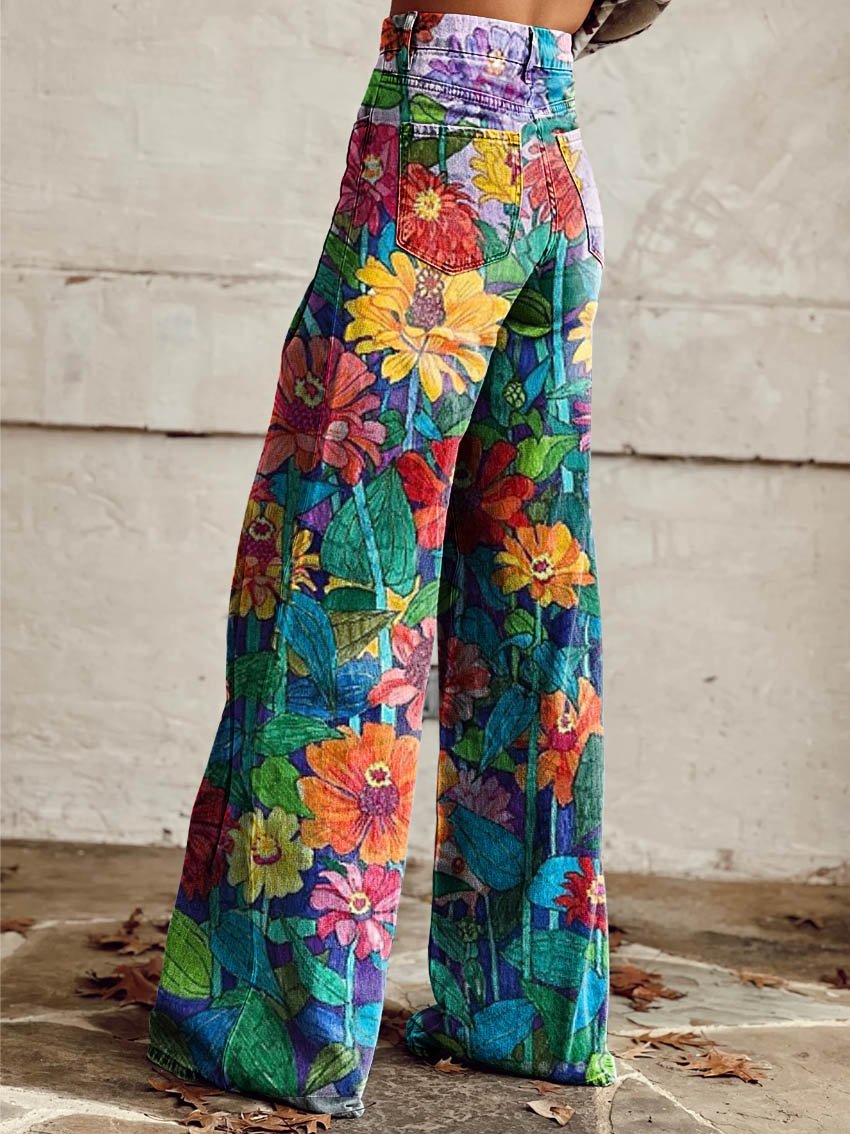 Daisy Print Casual Wide-Leg Pants