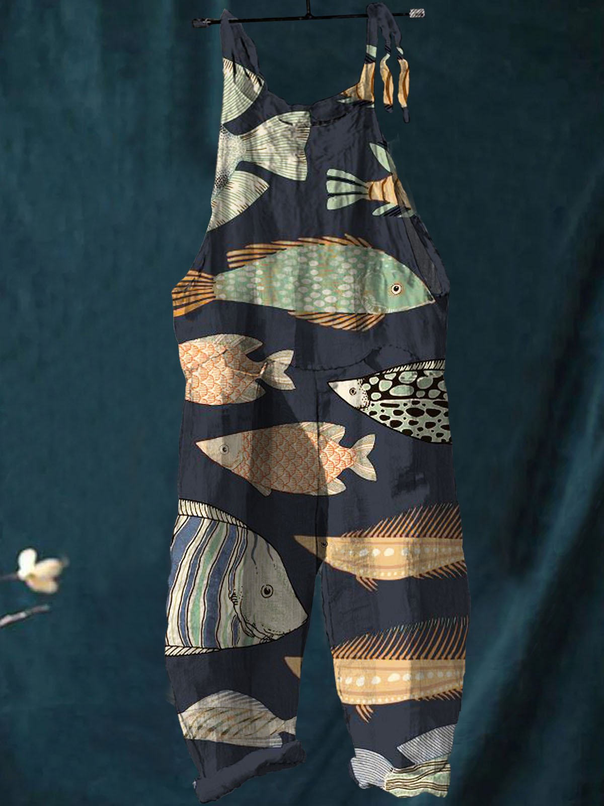 Vintage Lovely Fish Art Print Casual Wide-Leg Jumpsuit