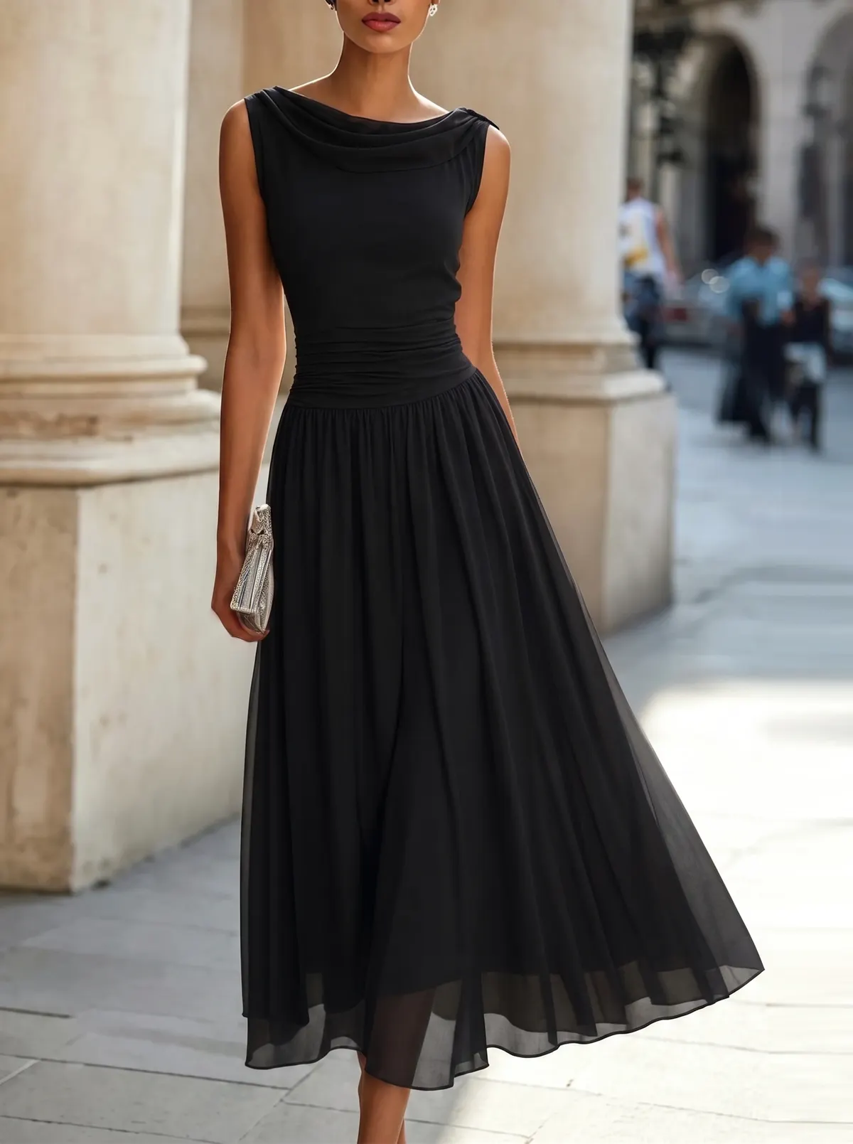 Draped Neck Sleeveless Midi Dress