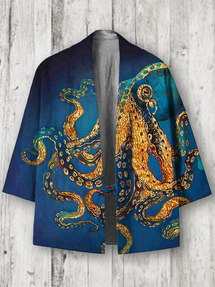 Ocean Octopus Japanese Art Linen Blend Kimono Cardigan