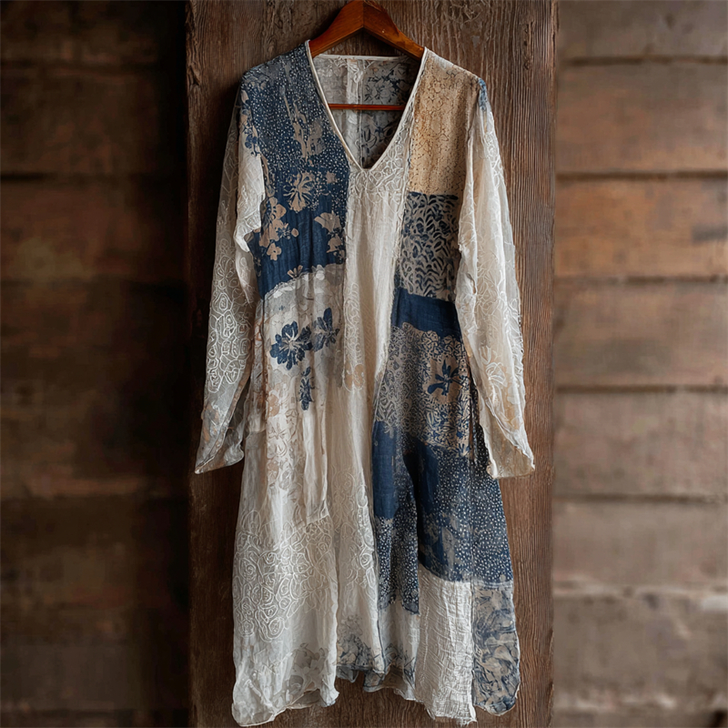 Japanese Floral Sashiko Patchwork Lace Flowy Maxi Dress