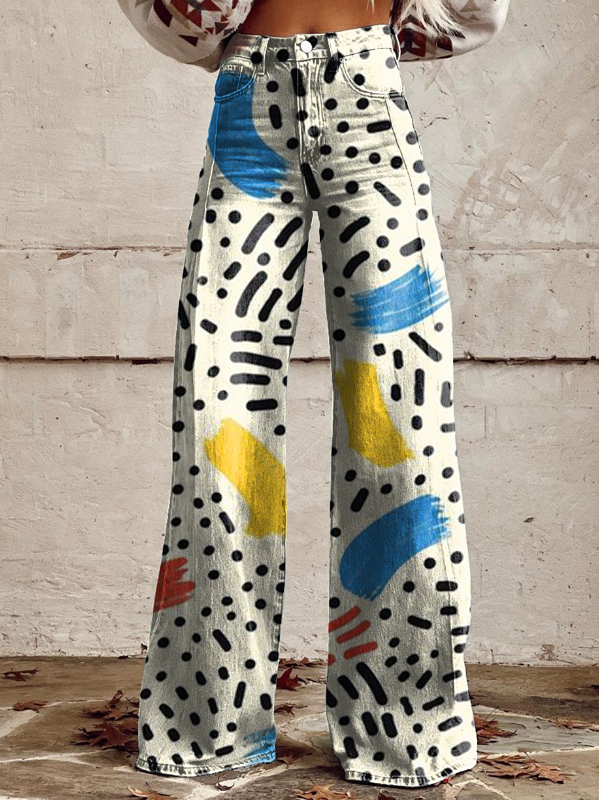 Vintage Print Casual Wide-Leg Pants