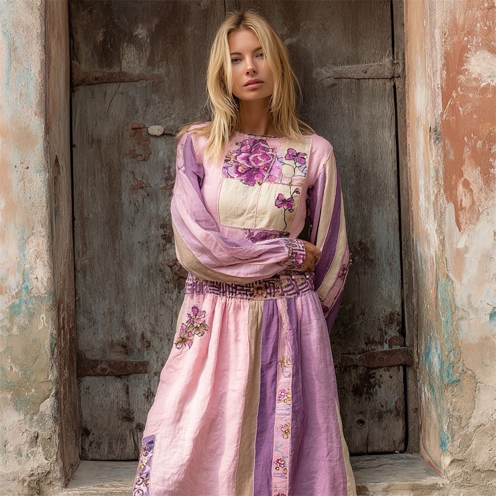 Boho Floral Pattern Women's Linen Midi Dress
