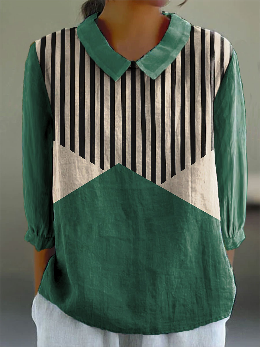 Fashion Color Block Line Art Print Casual Cotton & Linen 3/4 Sleeve Shirt