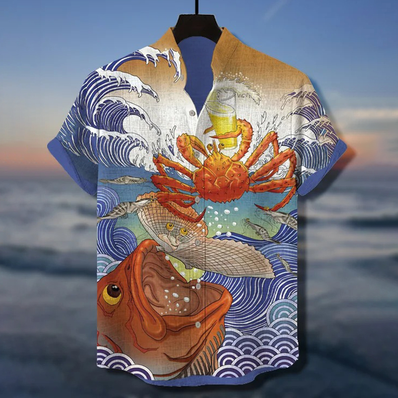 Men's Fish & Scallop Waves Crab Drinking Beer Art Print Casual Shirt