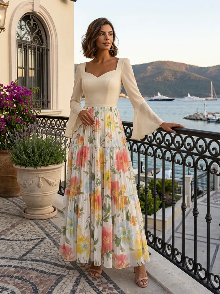 Square Neck Bell Sleeve Floral Tiered Maxi Dress