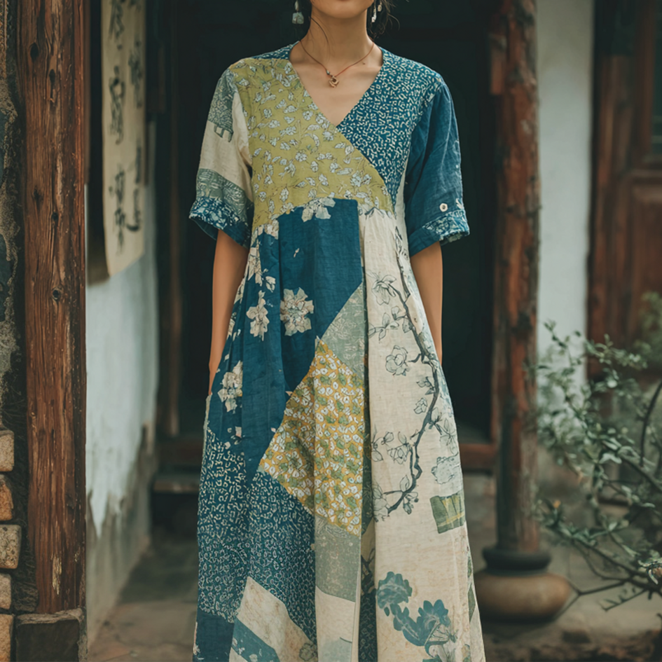 Japanese Art Retro Geometric Patchwork Plant Flower Print Women's V-neck Cotton & Linen Dress