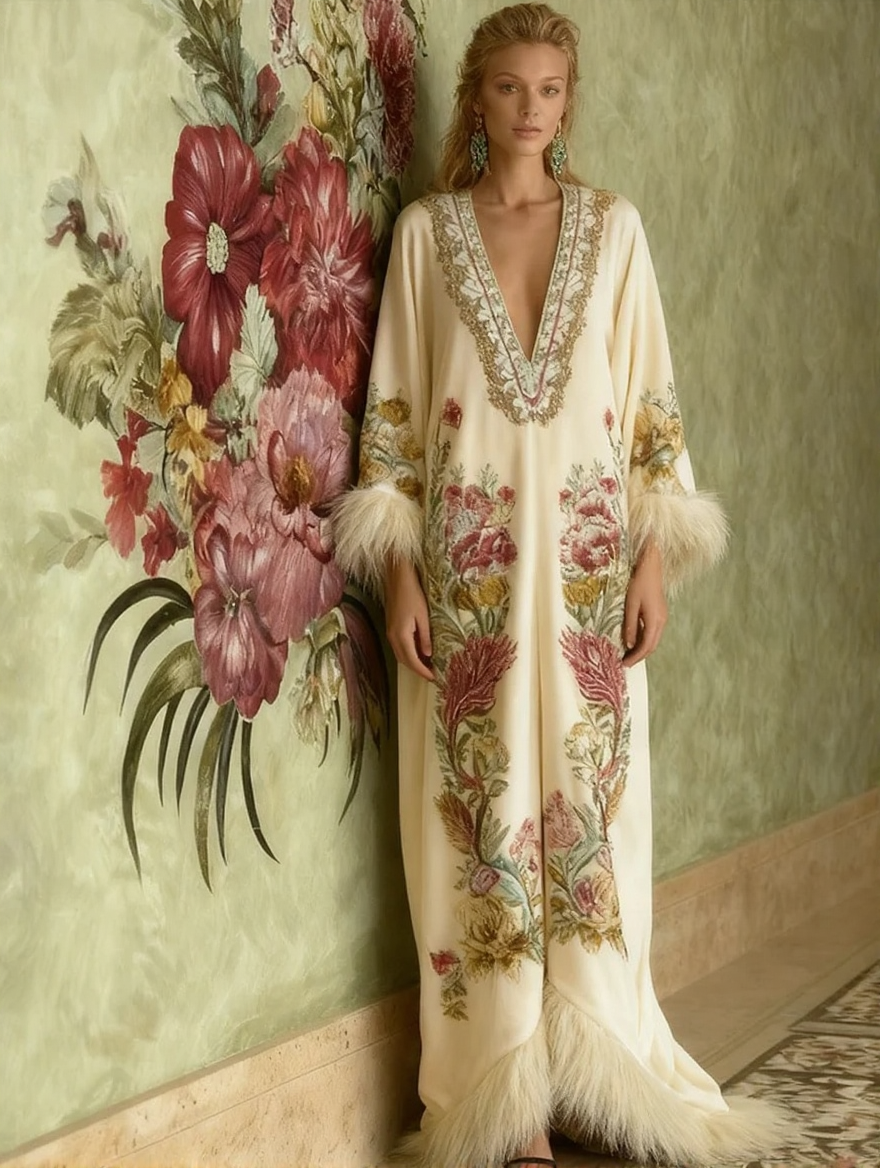Artistic print V-neck loose-fitting fluffy long robe for autumn & winter
