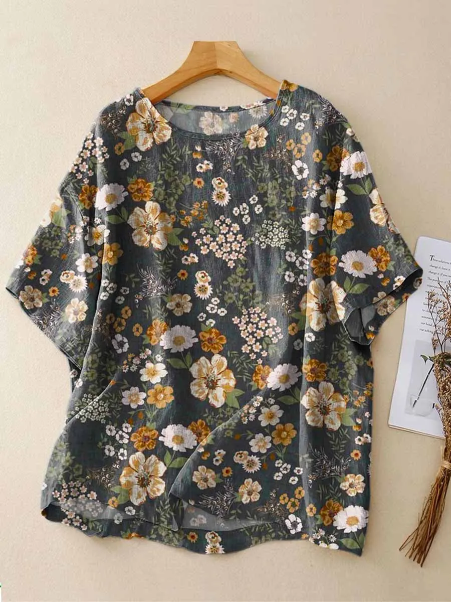 Floral Pattern Art Print Casual Linen Crew Neck Shirt