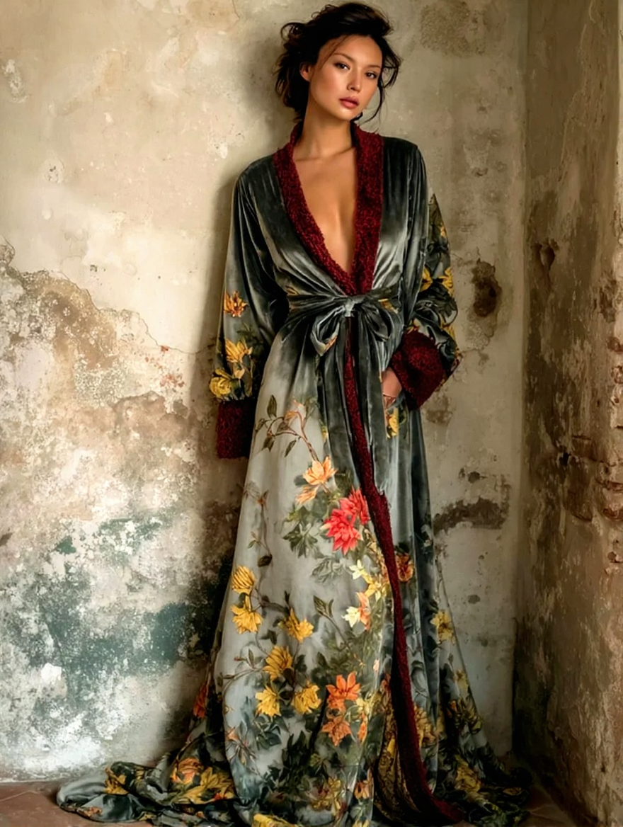 Artistic floral print kimono robe, autumn/winter long robe with sash.