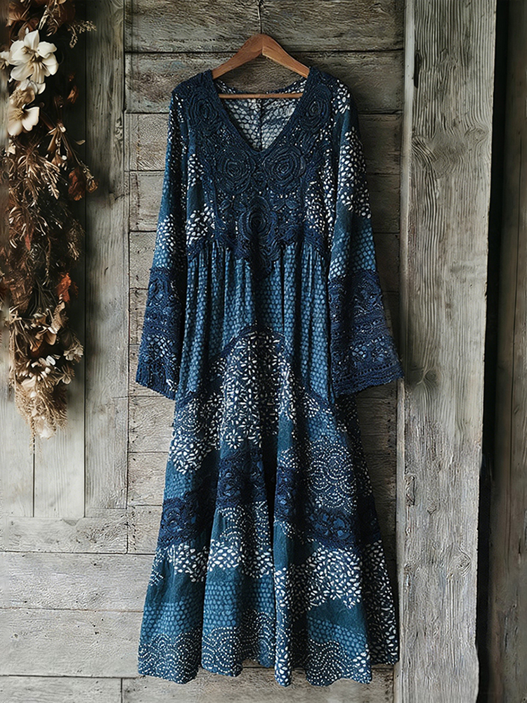 Vintage Japanese Traditional Sashiko With Lace Art Pattern Linen Blend Maxi Dress