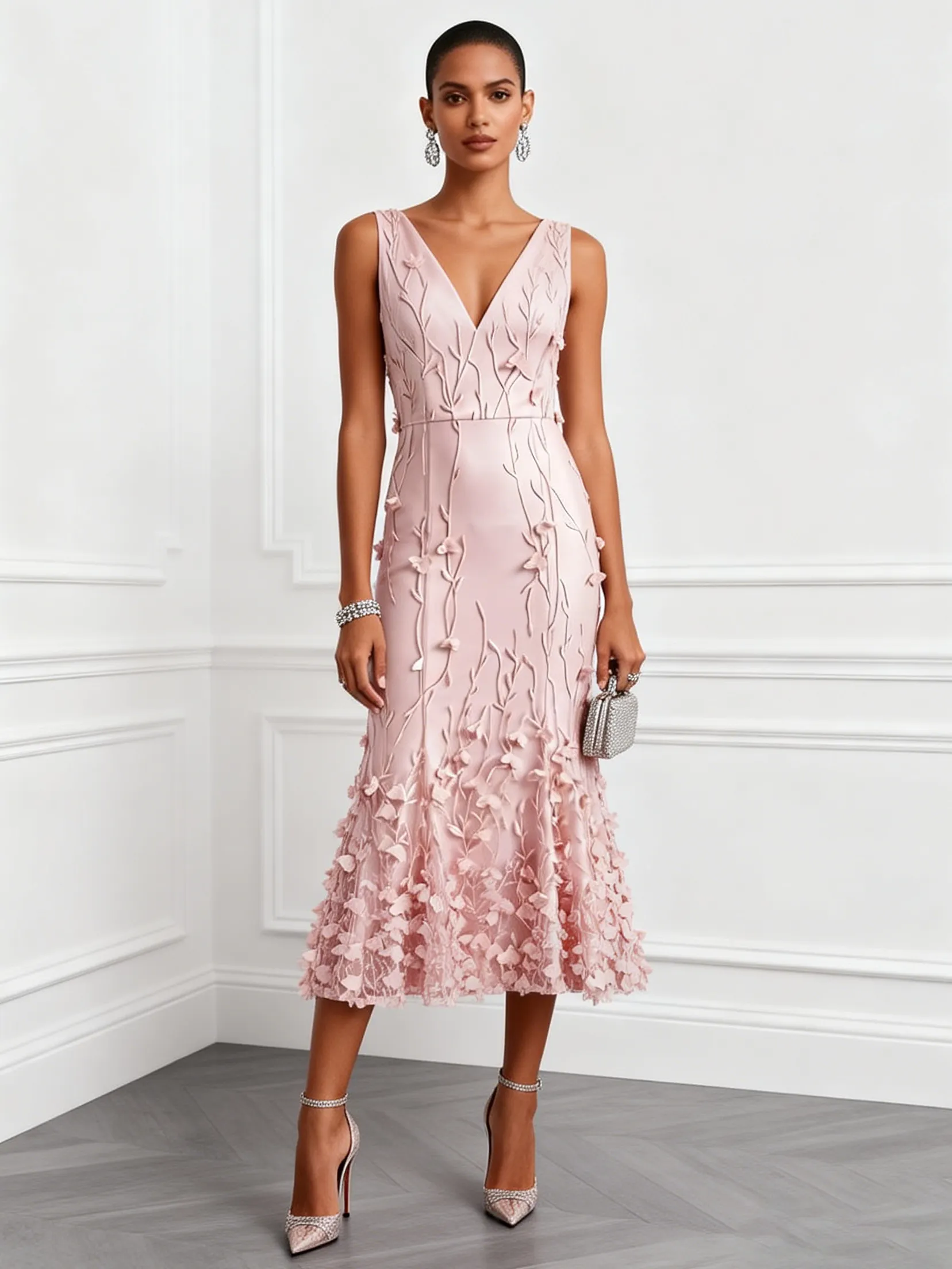 Light Pink 3D Floral Classic V-Neck Sleeveless Mermaid Midi Dress