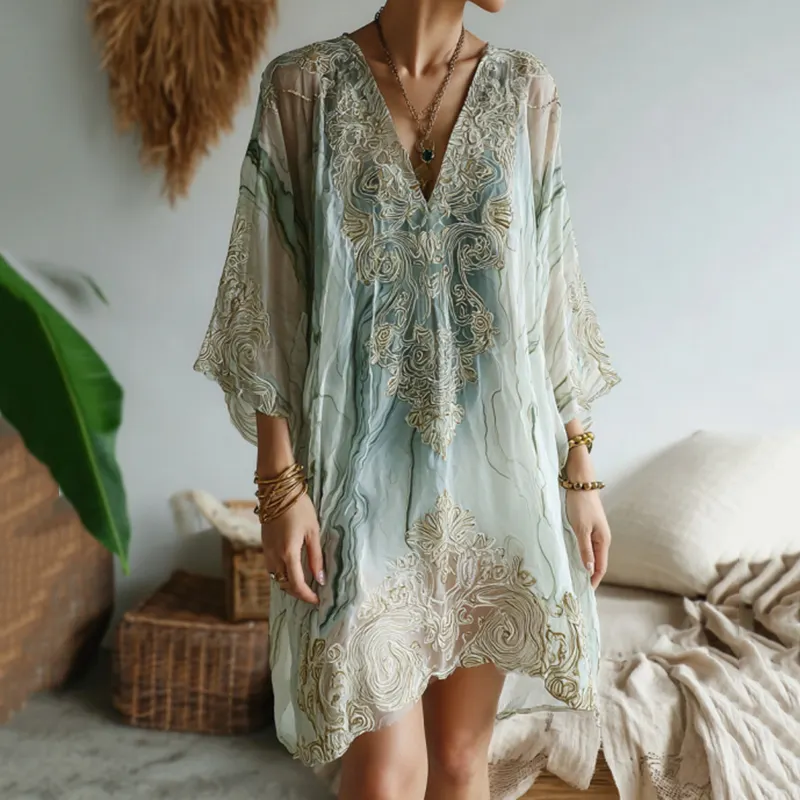 Vintage Marble Texture Collection Retro Bohemia Women Style Gradient Gilded Pattern Dress
