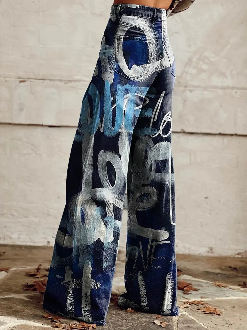 Blue & White Love Print Casual Wide-Leg Pants