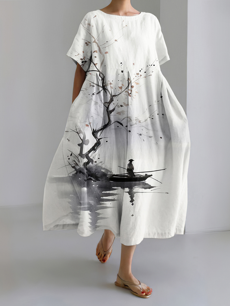Japanese Art Ink Wash Painting Print Midi Dress