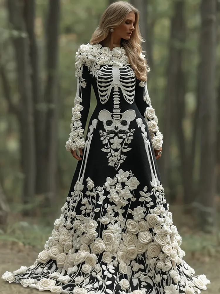 Women's Vintage Halloween Skeleton Bones With Rose Art Cozy Knitted Warm Long Sleeve Maxi Dress