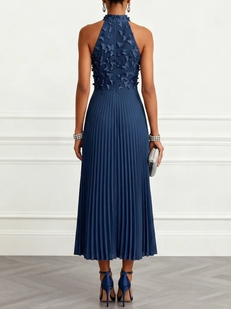 Purplish Blue 3D Floral Classic Halter Neck Sleeveless A-Line Midi Dress