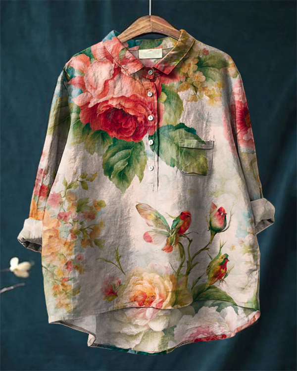 Vintage Floral Print Casual Long-sleeved Cotton & Linen Shirt