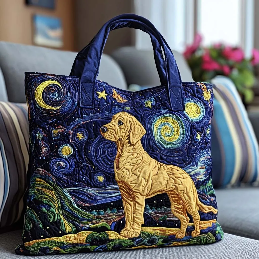 Starry Night Dog Quilted Tote Bag