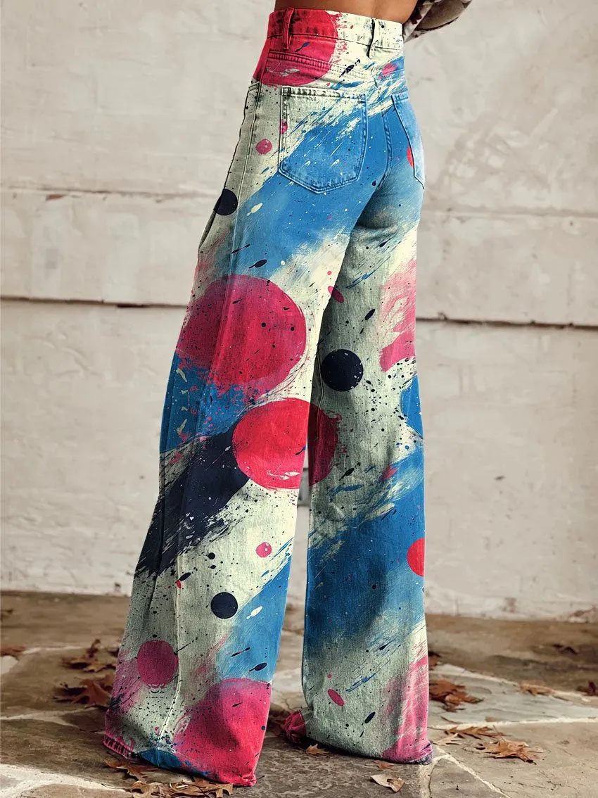 Cotton Candy Blue Pop Art Print Casual Wide-Leg Pants