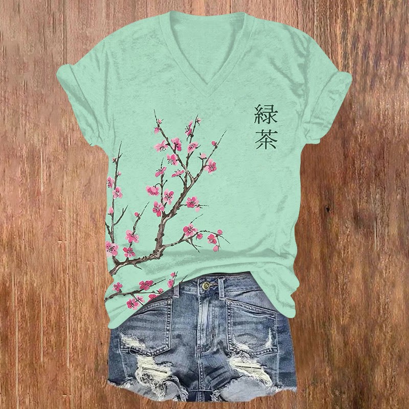 Japanese Cherry Blossom Print Short-sleeved V-neck T-shirt