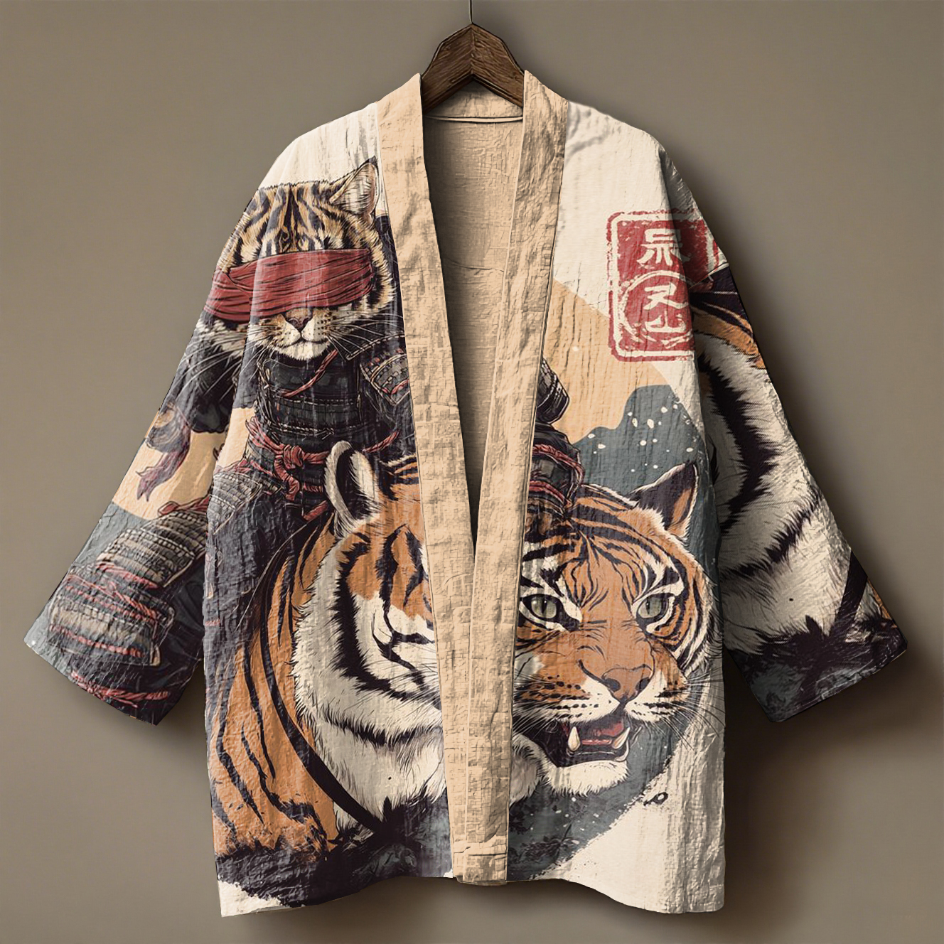 Tiger pattern embroidered linen kimono cardigan