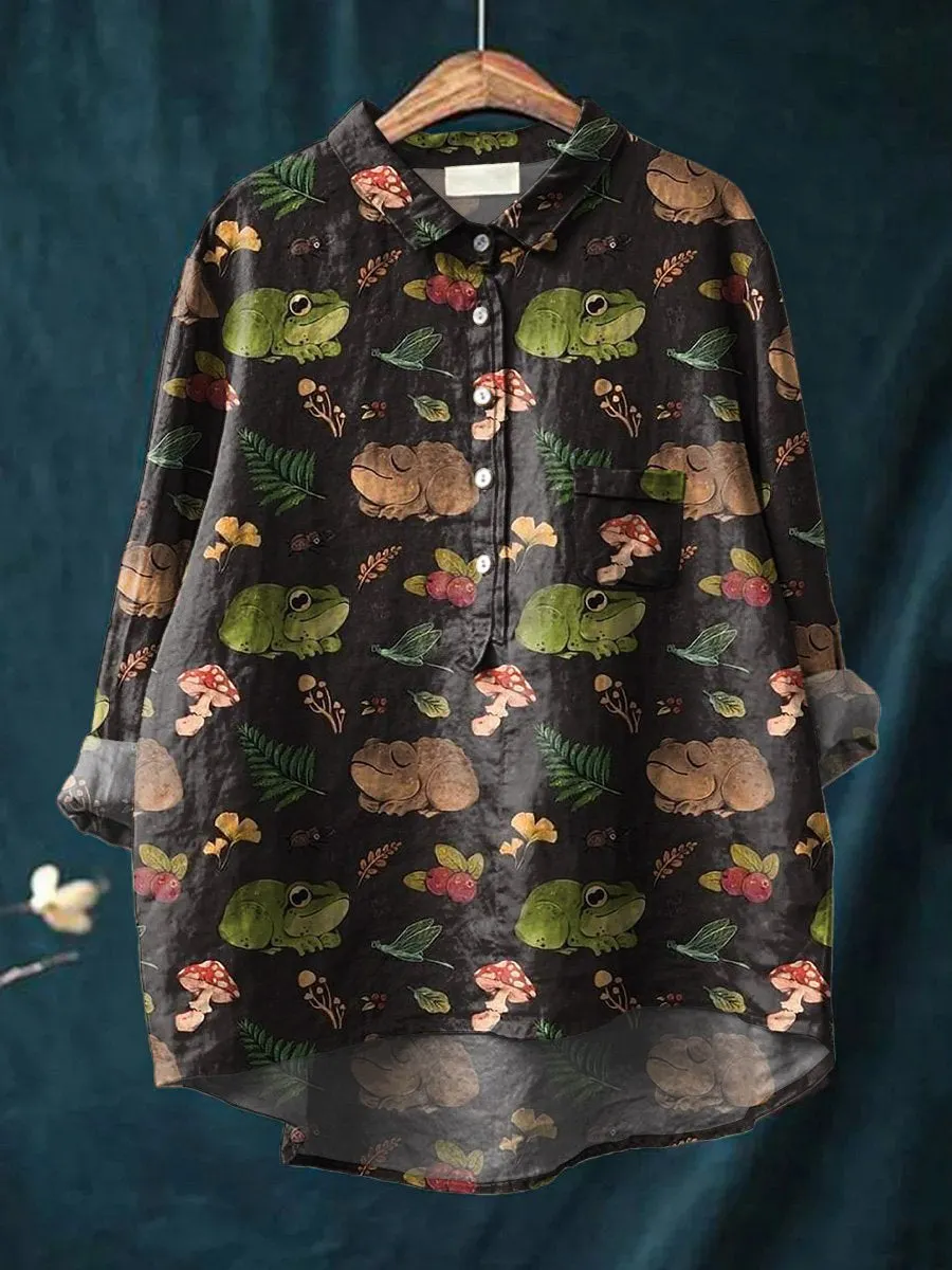 Frog & Woodland Repeat Pattern Printed Women's Casual Cotton & Linen Shirt