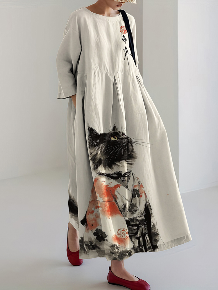 Retro Japanese Cat Art Print Midi Dress