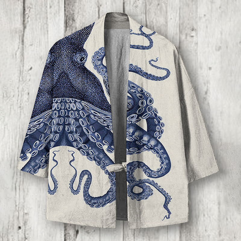 Japanese Art Octopus Graphic Printed Blend Kimono