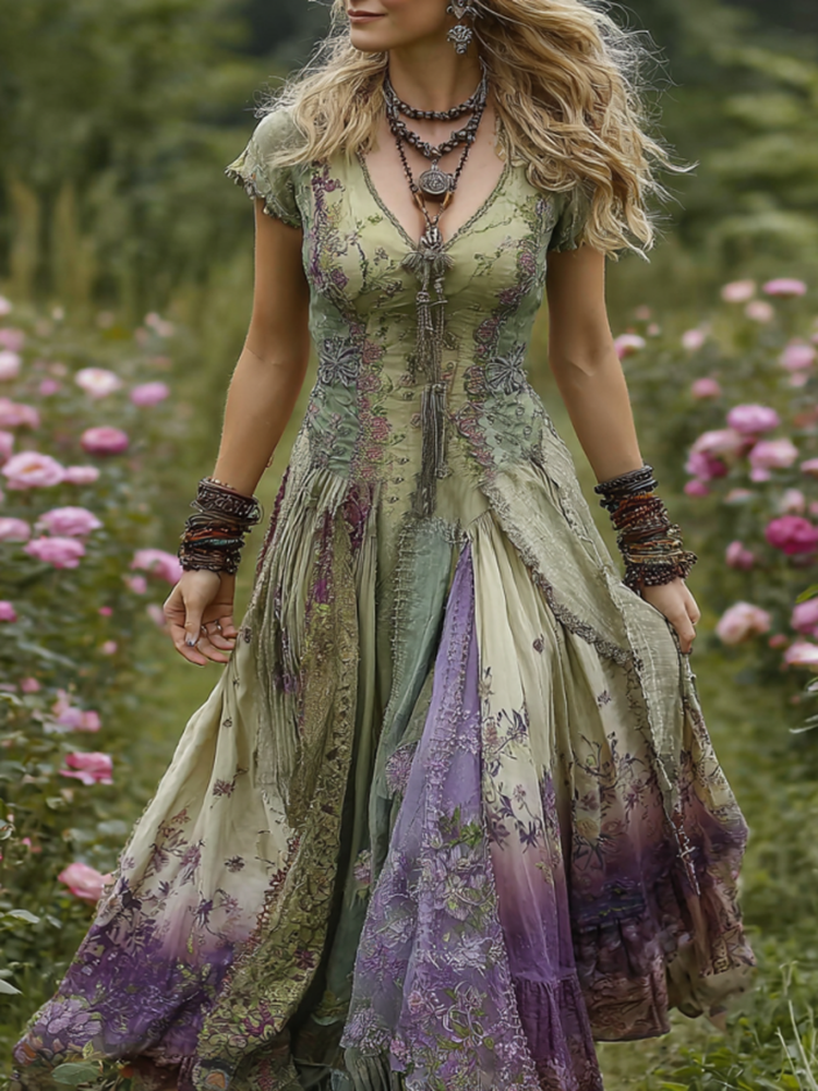 Vintage Gradient Purple Floral Embroidered Maxi Dress