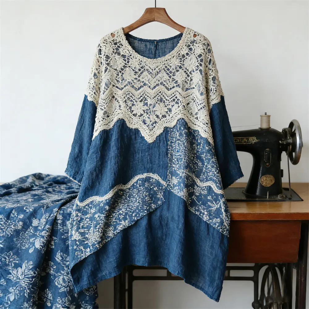 Vintage Lace Patchwork Floral Linen Women's Long Sleeve Shirt