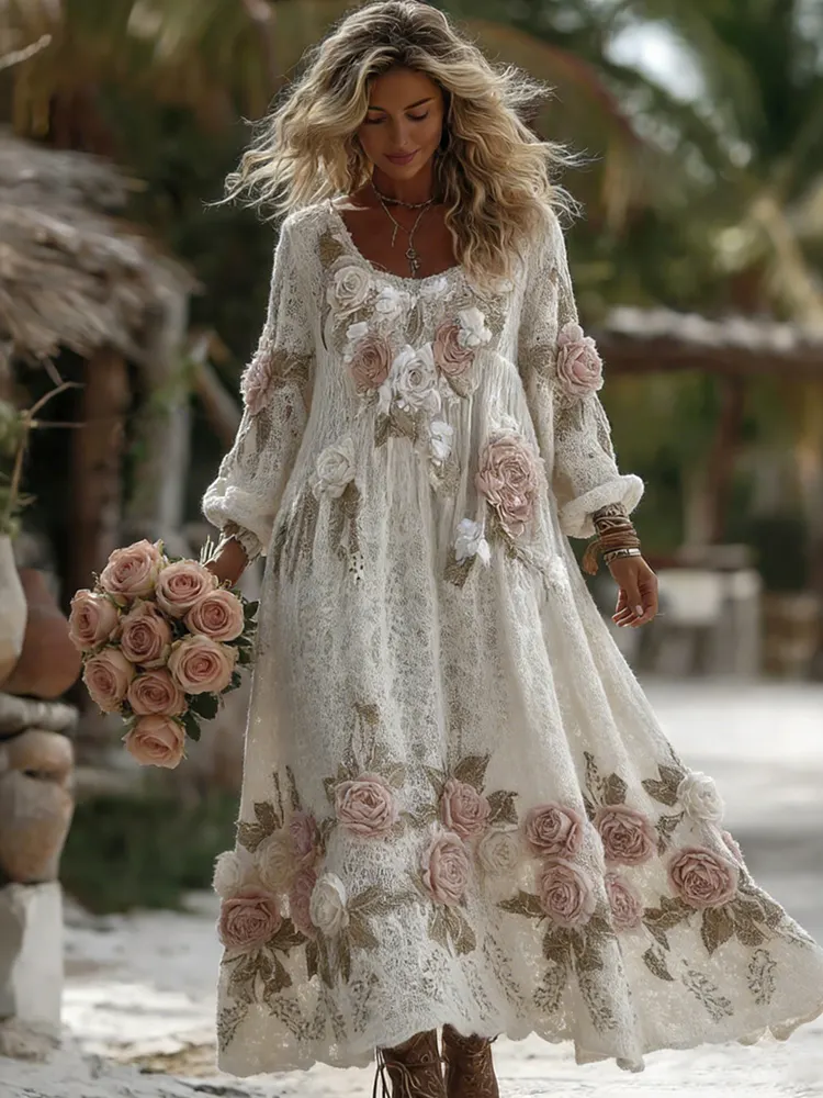 Women's Vintage Romantic White Rose Embroidery Art Comfy Knitted Maxi Dress