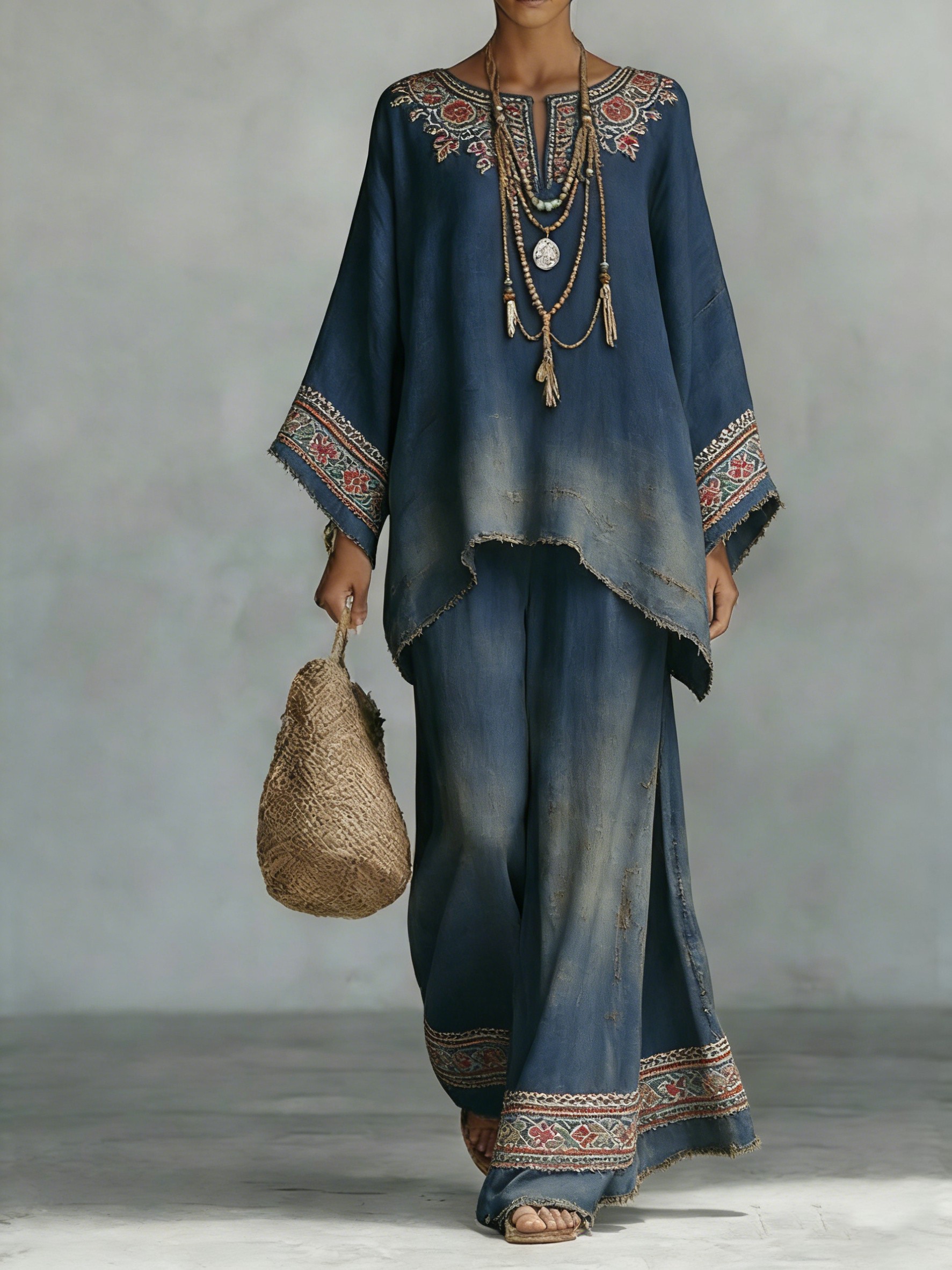 Comfortable & loose print pattern cotton & linen wide-leg pants two-piece set