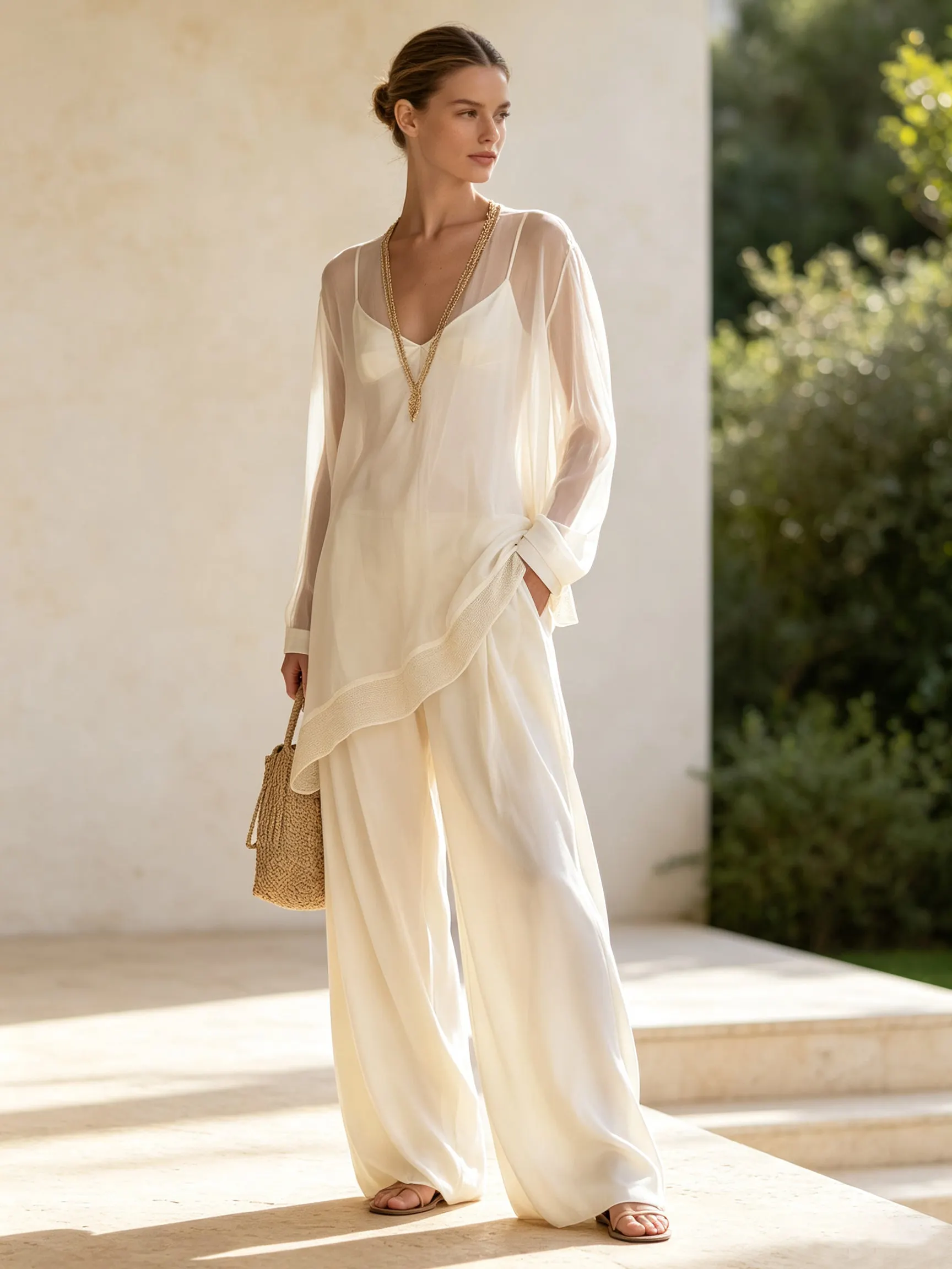 Women’s 3-Piece Layered Lounge Set – Elegant Boho Tunic & Wide-Leg Pants Set