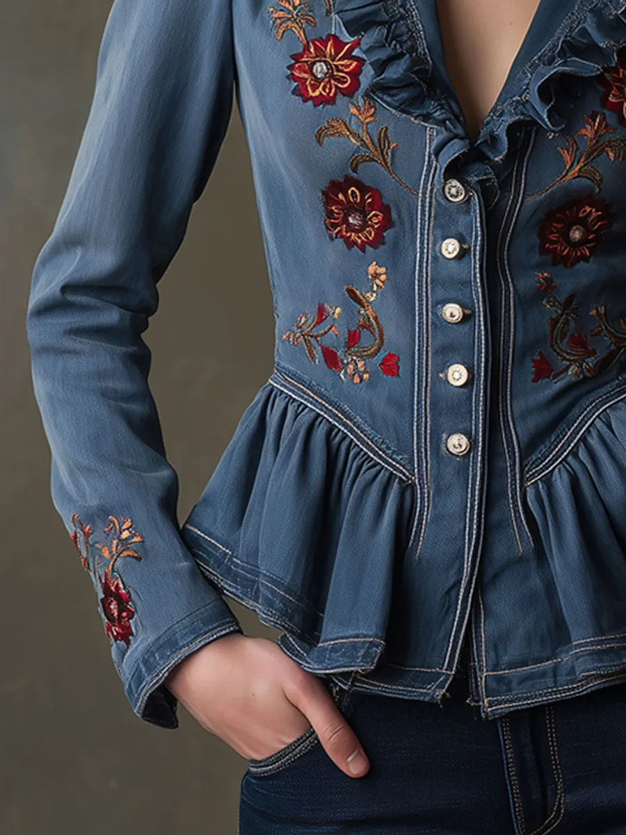 Fashionable Retro Floral Embroidered Ruffled Blue Denim Blazer