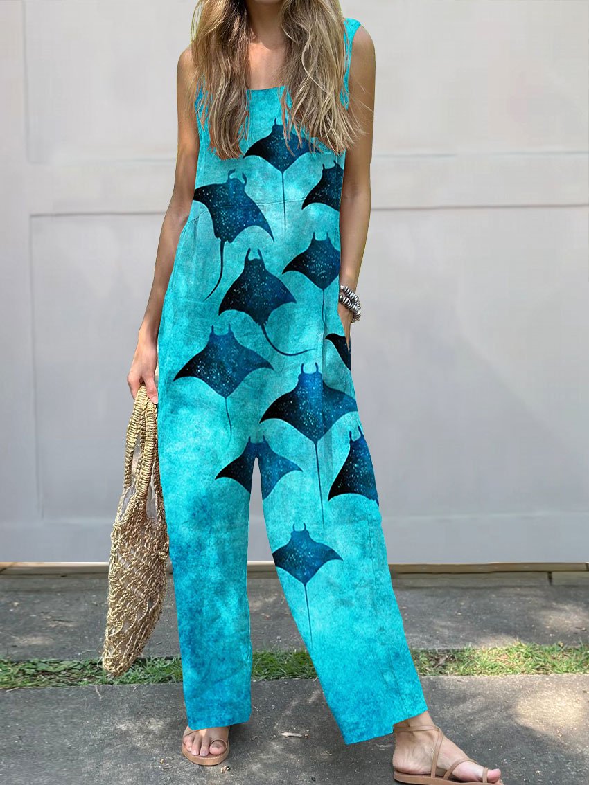 Vintage Manta Rays Art Print Casual Wide-Leg Jumpsuit